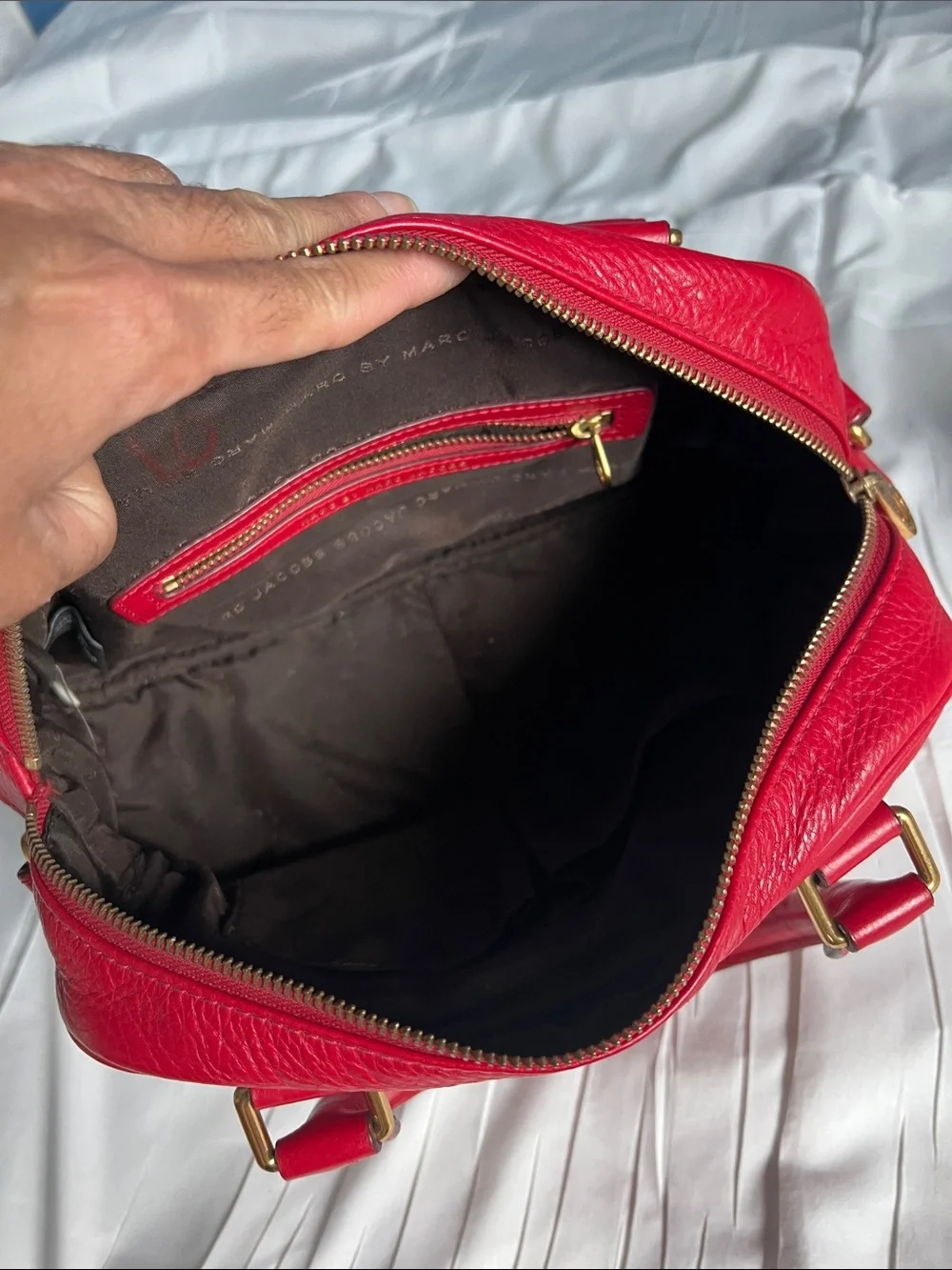 Marc by Marc Jacobs Vibrant Red Leather Satchel with Gold Hardware